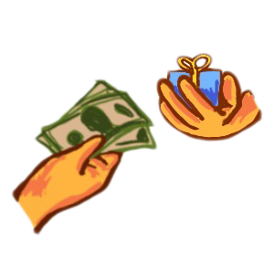 yellow hand holding money towards a yellow hand holding a blue gift-wrapped box